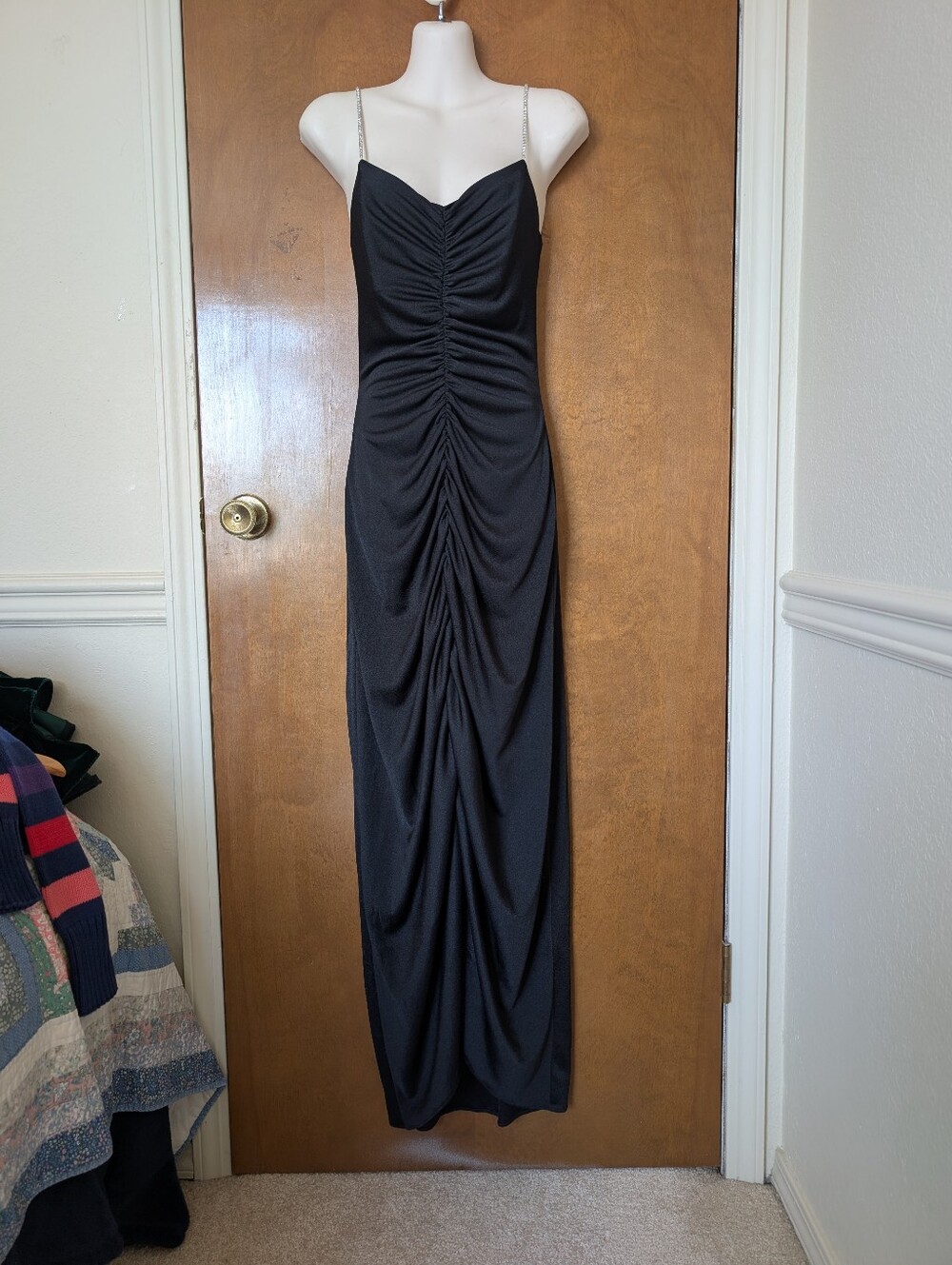 Vtg Climax Karen Okada Black Rouched Rhinestone Spaghetti Strap Maxi Dress